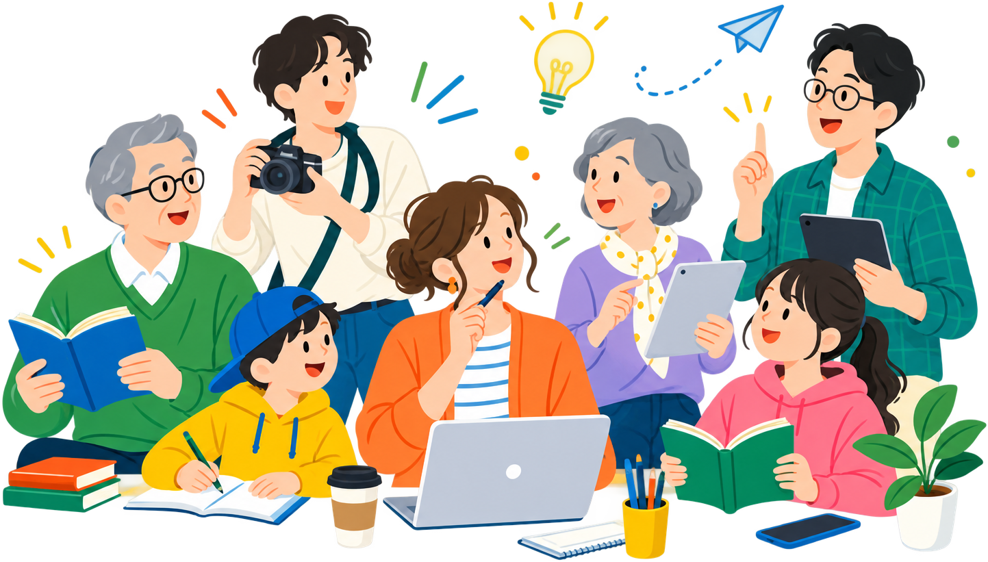 本を読む人、カメラを構える人、ノートパソコンを操作する人など、子どもから大人まで幅広い世代が集まり学び合う様子のイラスト