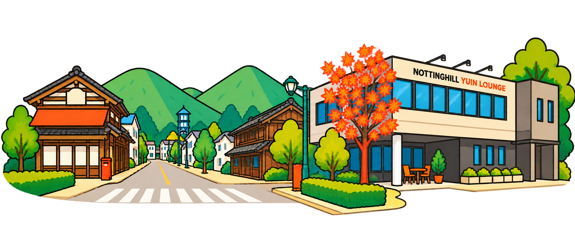 橋や教会、住宅、山並みが広がる桐生の街並みをイメージしたイラスト